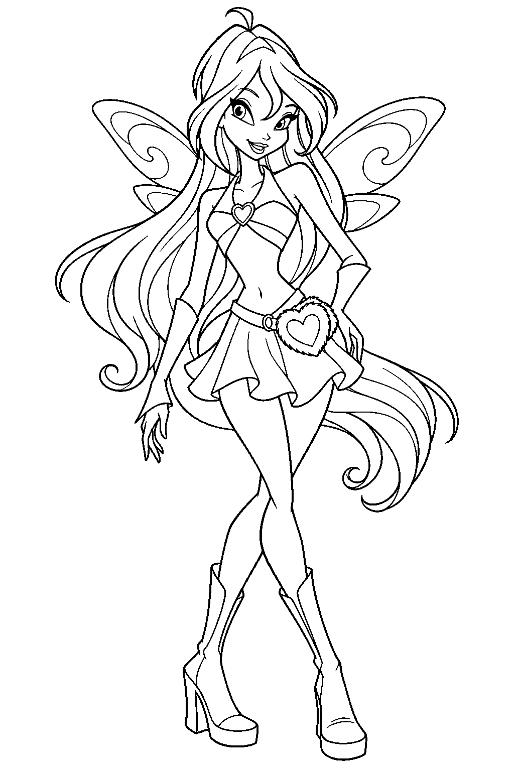 winx club bloom in her charmix fairy form with her heart brooch and heart shaped waist bag line art