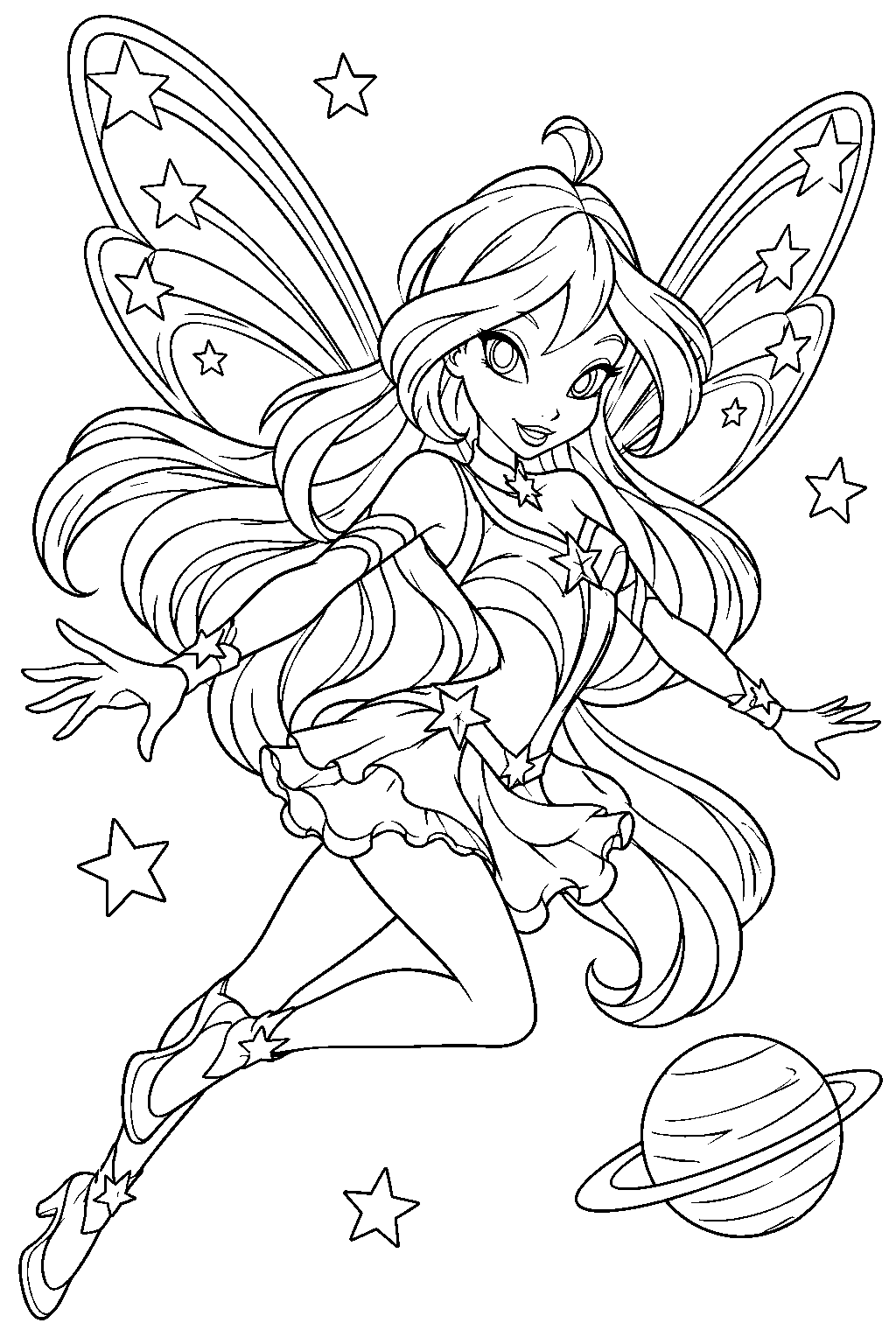 winx club bloom in her cosmix fairy form flying among the stars line art