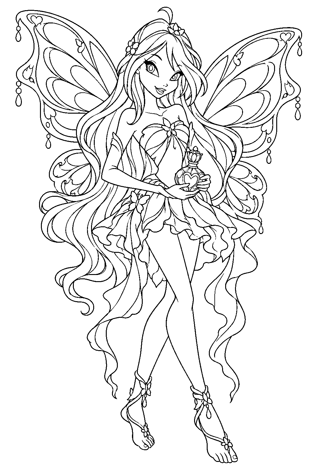 winx club bloom in her enchantix fairy form holding her fairy dust bottle line art