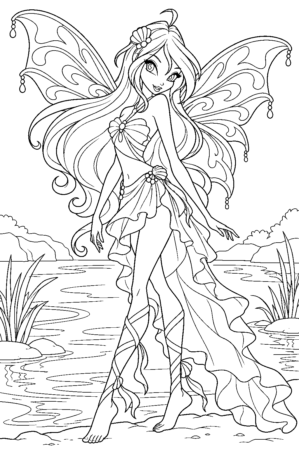 winx club bloom in her harmonix fairy form beside a lagoon line art
