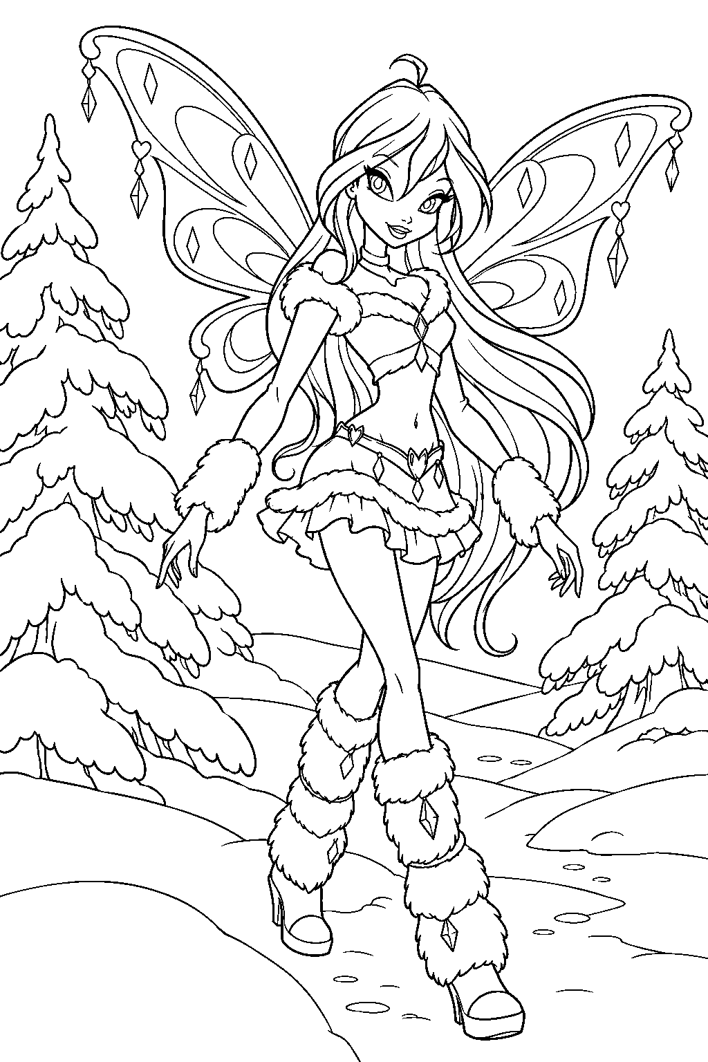 winx club bloom in her lovix fairy form in a snowy forest line art