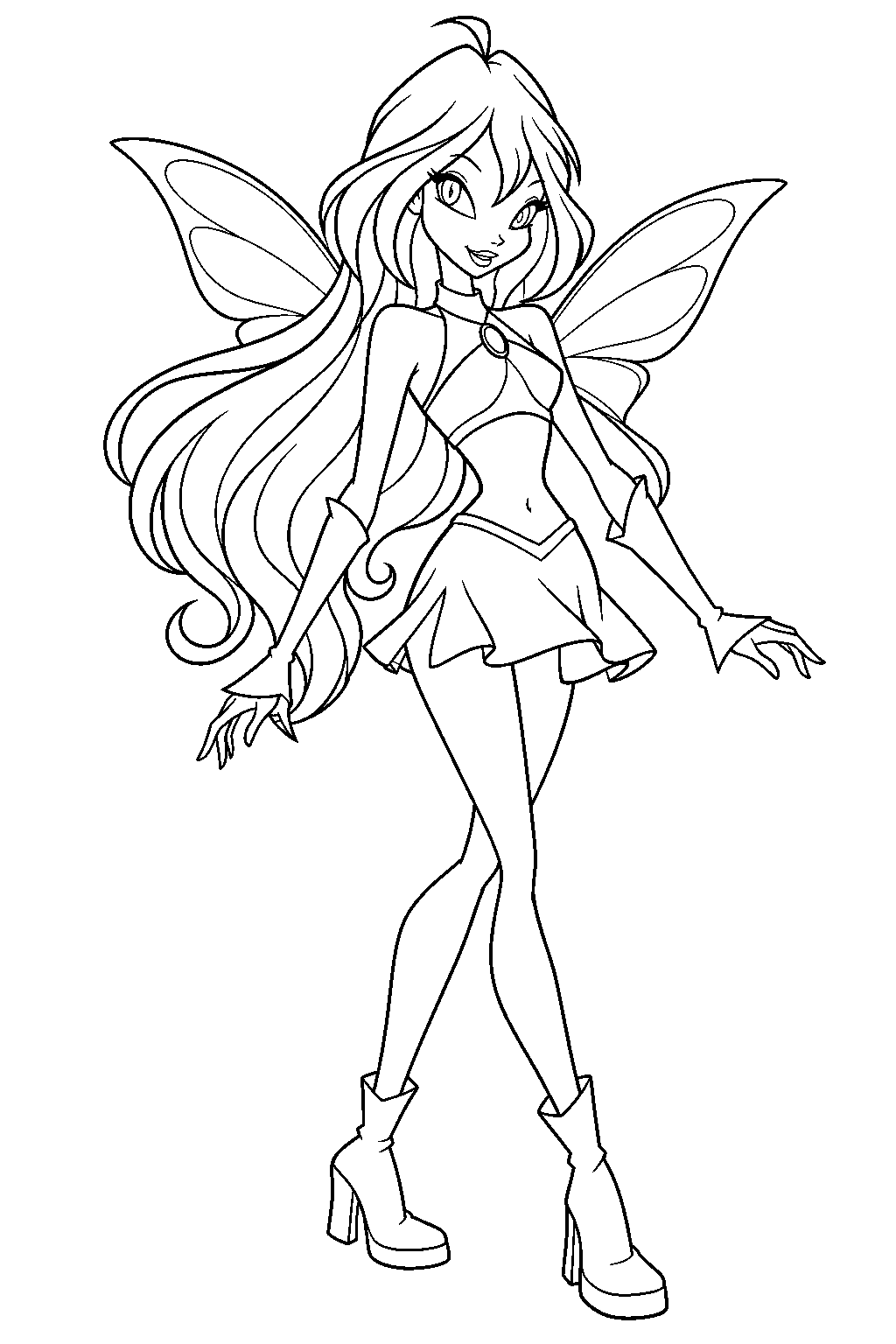 winx club bloom in her original magic winx fairy form with her wings open line art