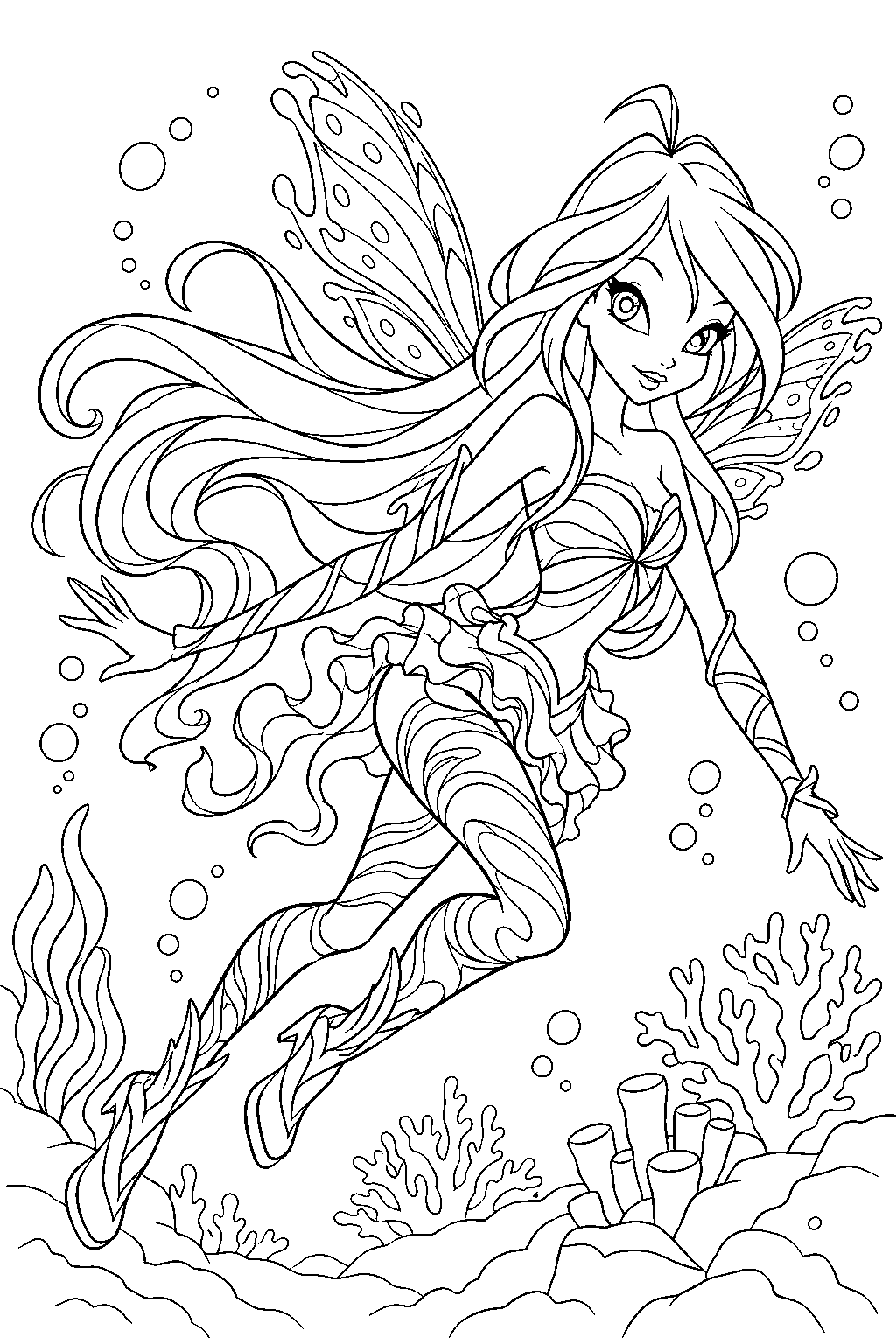 winx club bloom in her sirenix fairy form swimming through a coral reef line art