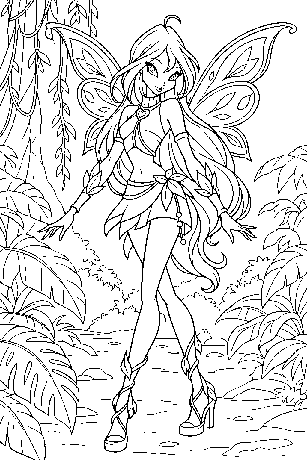 winx club bloom in her sophix fairy form in the amazon rainforest line art