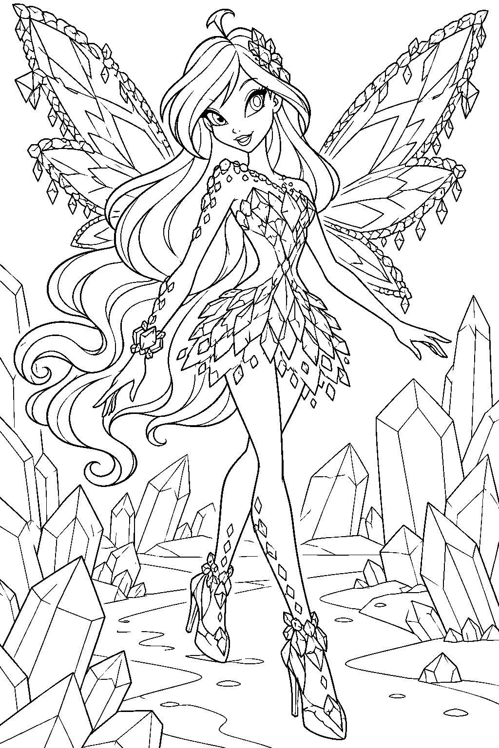 winx club bloom in her tynix fairy form exploring a crystal miniworld line art