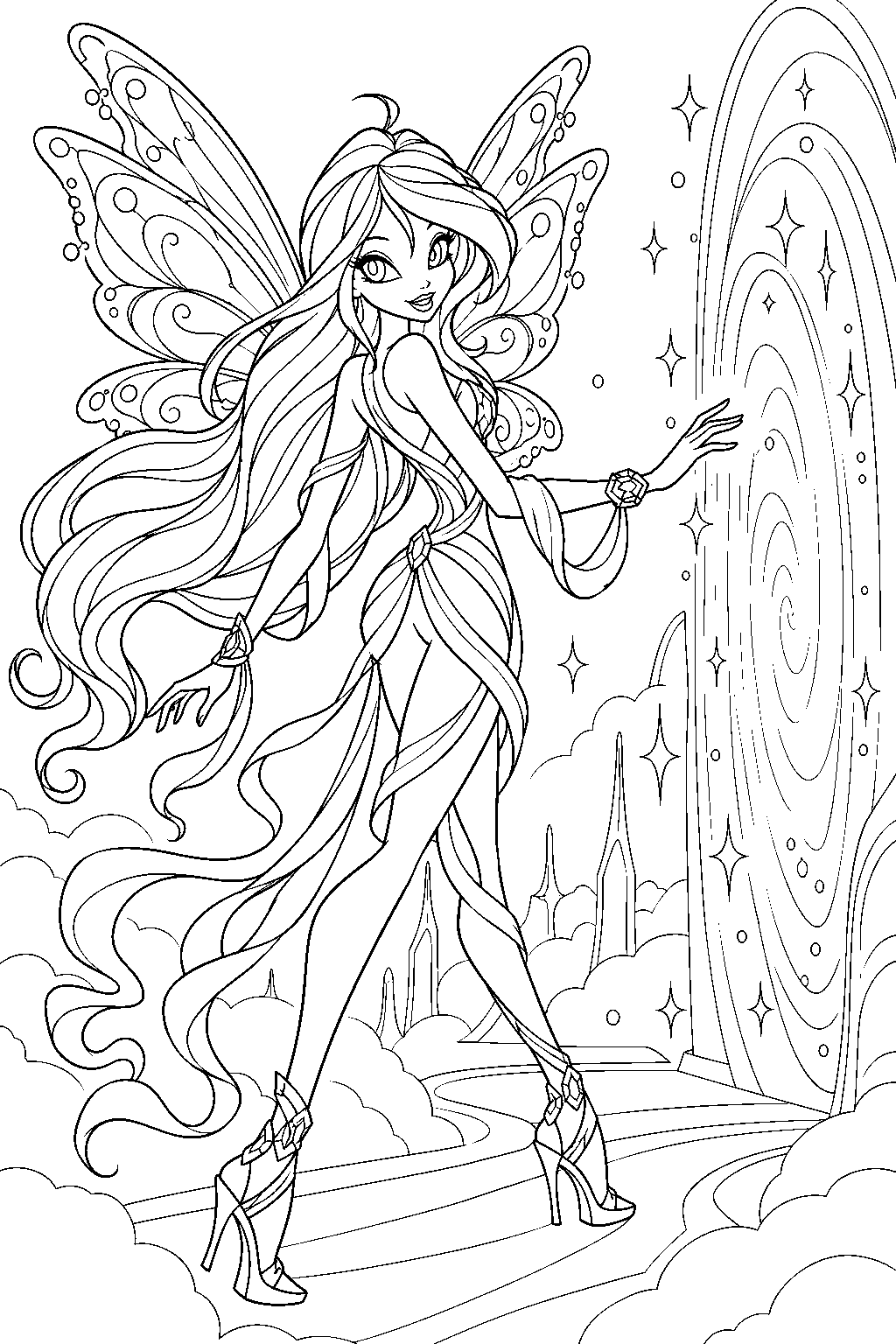winx club bloom in her world of winx dreamix form entering the world of dreams line art