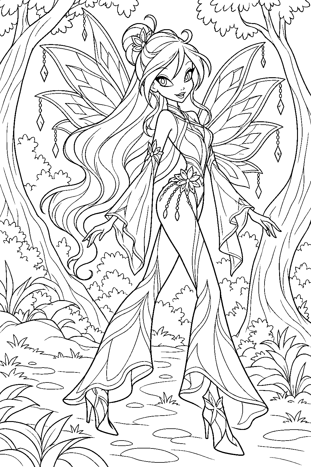 winx club bloom in her world of winx onyrix form exploring an enchanted forest line art