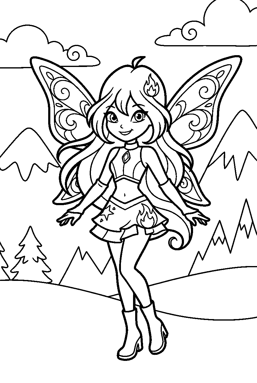 winx club bloom in snowy mountain line art