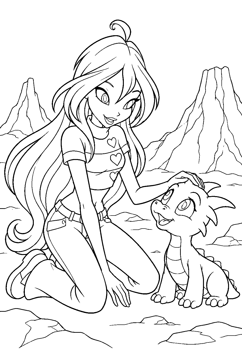 winx club bloom meeting buddy the dragon on pyros line art
