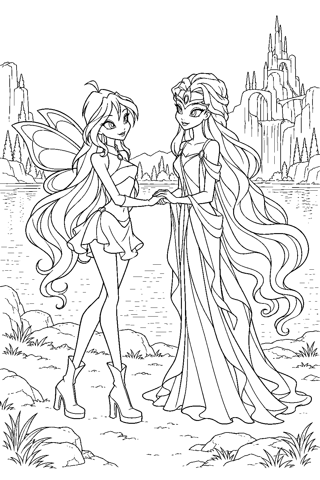 winx club bloom meeting daphne s spirit beside lake roccaluce line art