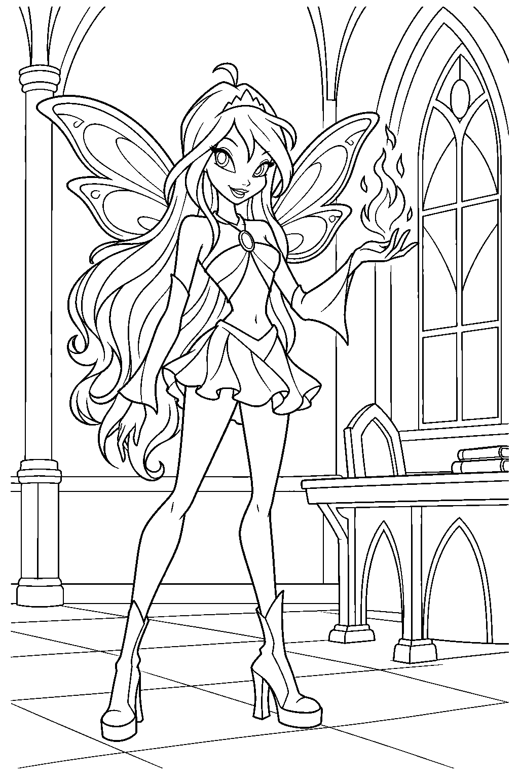 winx club bloom practicing a magic spell in an alfea classroom line art