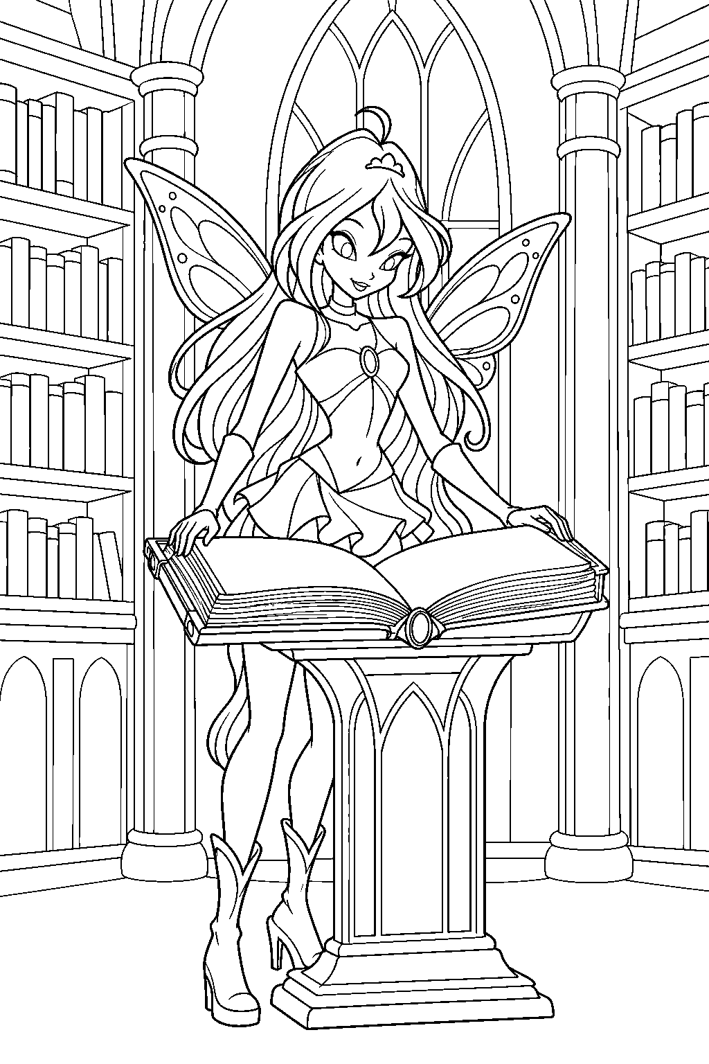 winx club bloom reading the book of fate in domino s ancient library line art