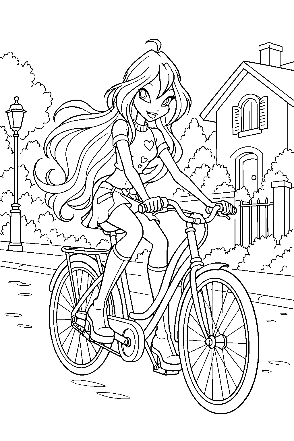winx club bloom riding her bicycle through gardenia line art