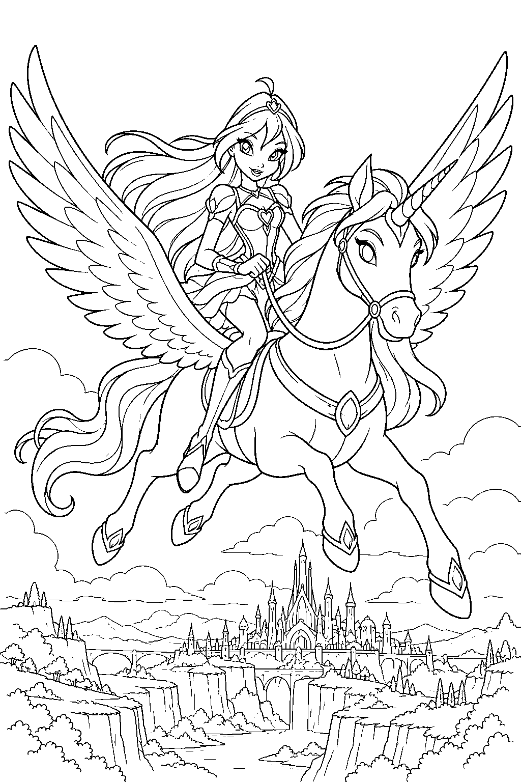 winx club bloom riding peg the winged horse above domino line art