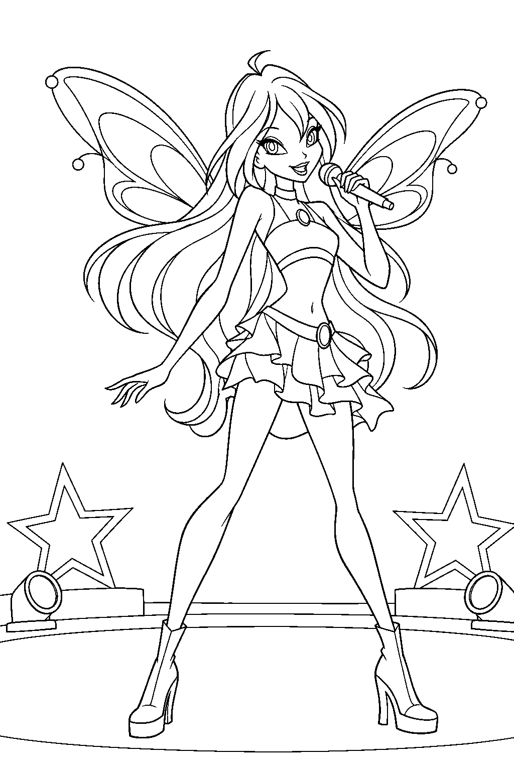 winx club bloom singing into a microphone at a winx band concert line art
