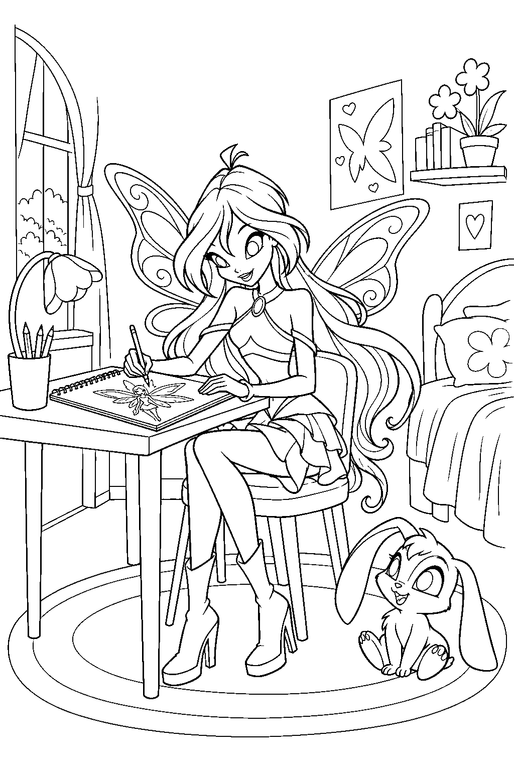 winx club bloom sketching in her bedroom with kiko beside her line art