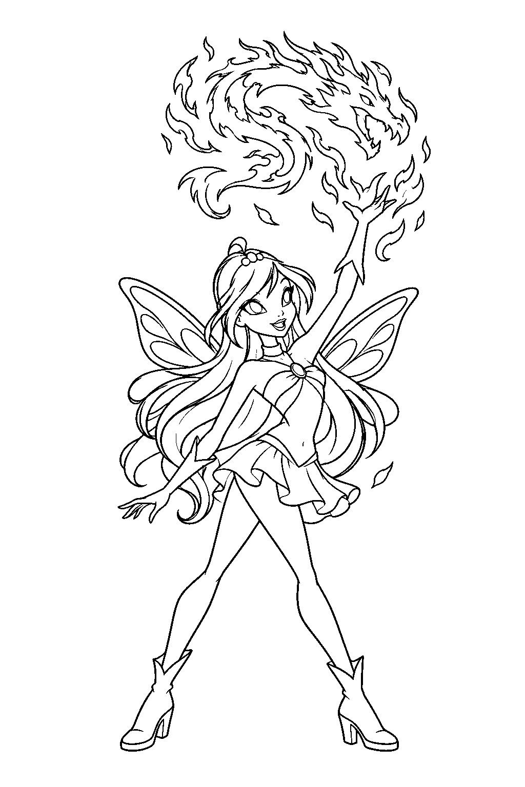 winx club bloom summoning the dragon flame in the shape of a dragon line art