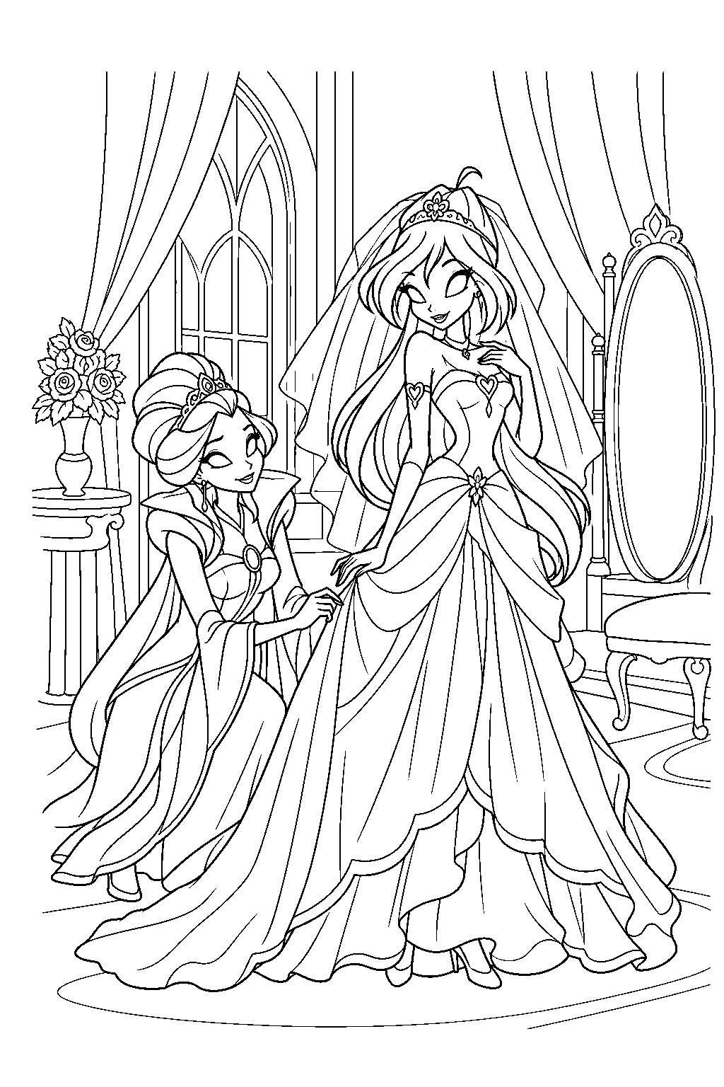 winx club bloom trying on her wedding dress with marion line art