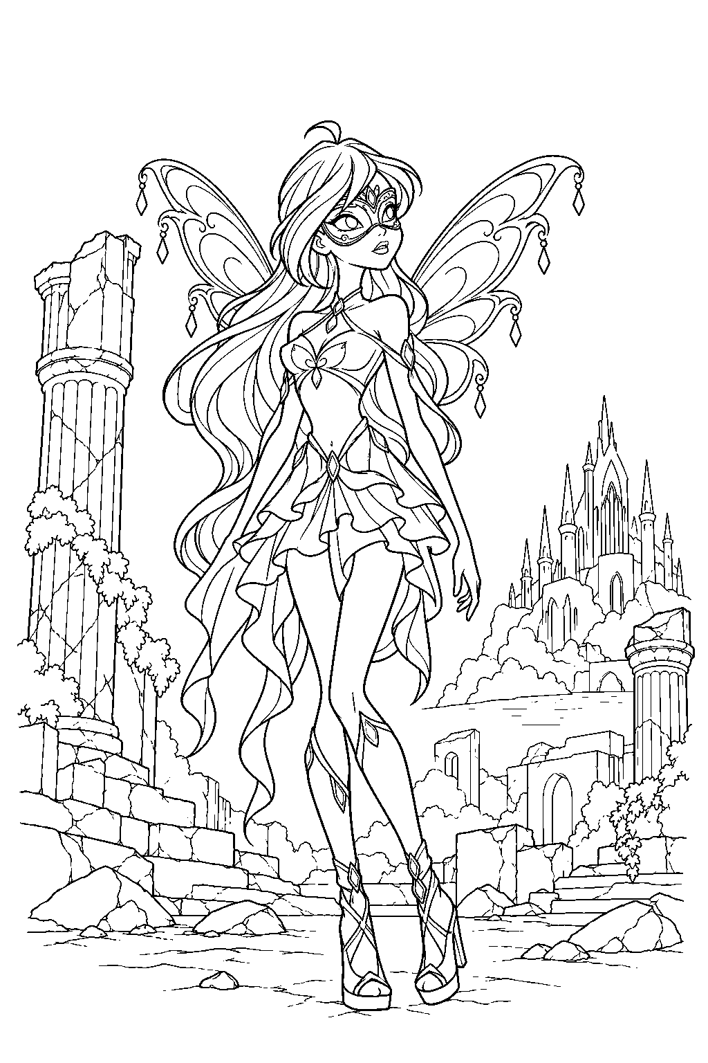 winx club bloom wearing daphne s mask in the ruins of domino line art