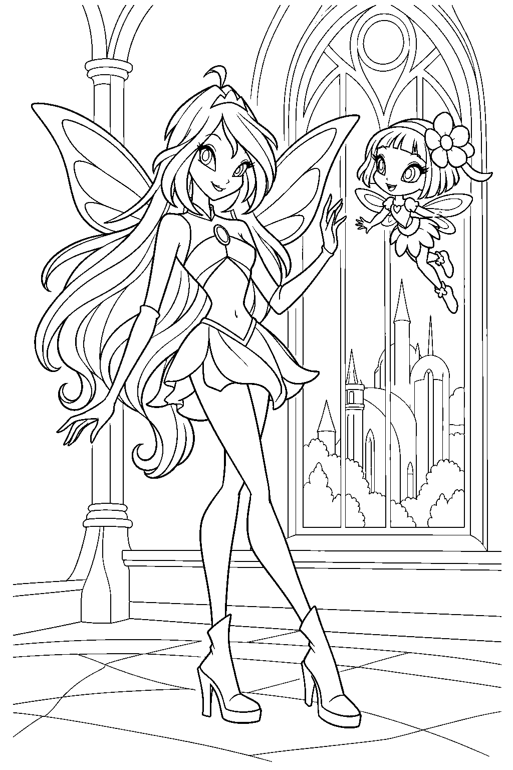 winx club bloom with lockette the pixie at an alfea window line art