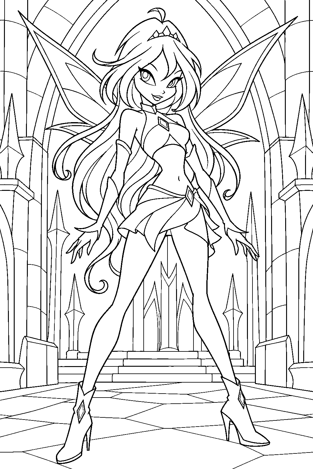 winx club dark bloom with her pointed fairy wings inside darkar s fortress line art