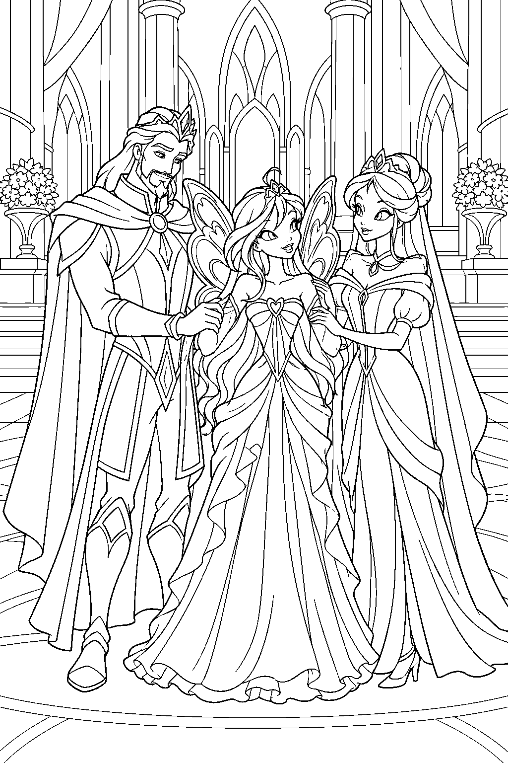 winx club princess bloom reuniting with oritel and marion in domino s palace line art