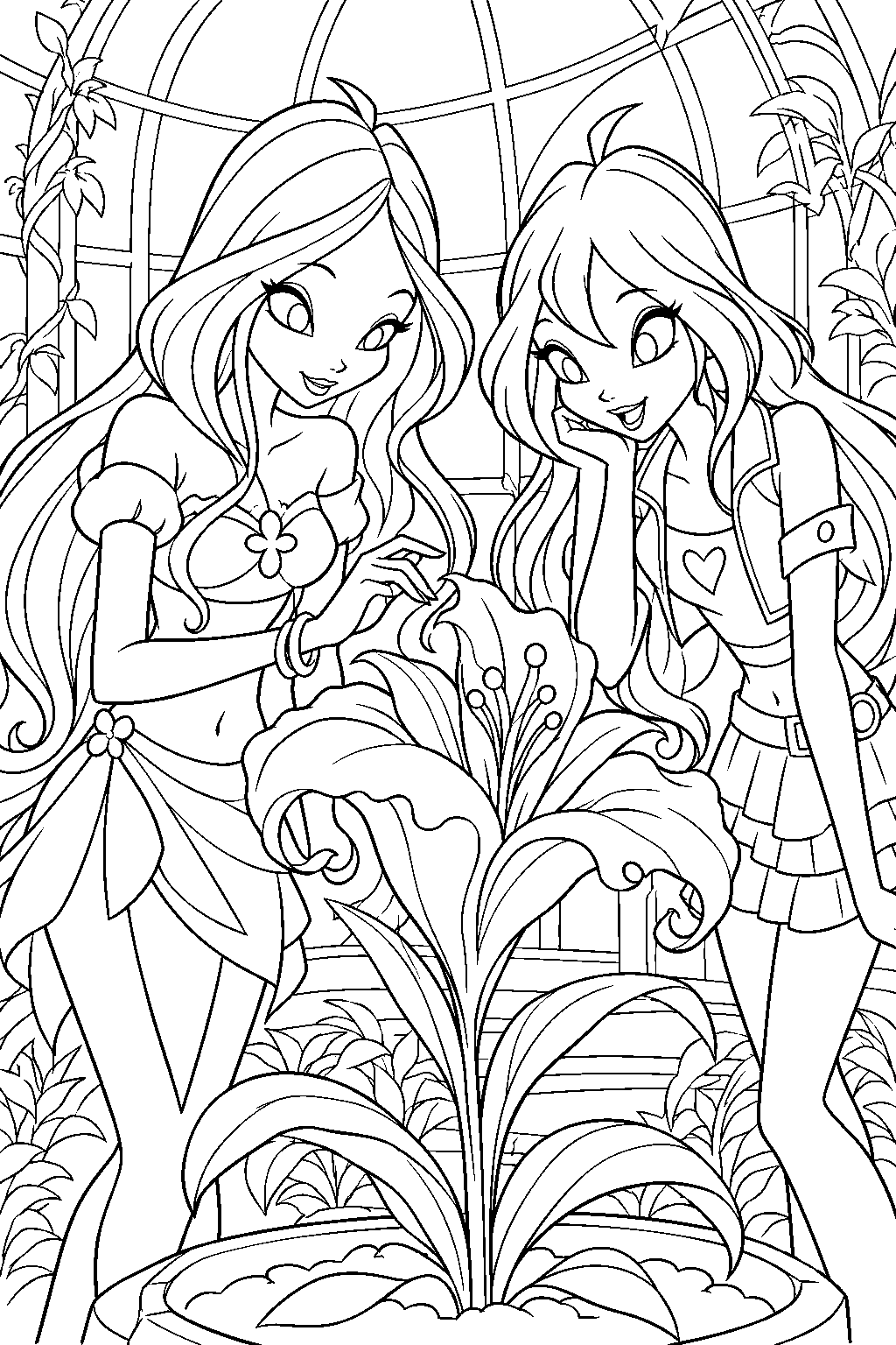 winx club flora and bloom searching for eldora s favorite flower in the secret greenhouse line art