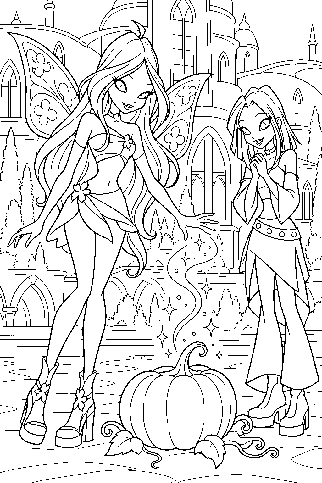winx club flora breaking mirta s pumpkin spell at alfea line art