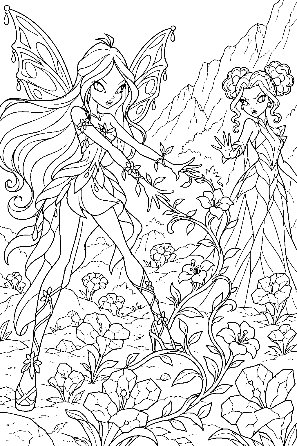 winx club flora confronting stoney among petrified mountain flowers line art