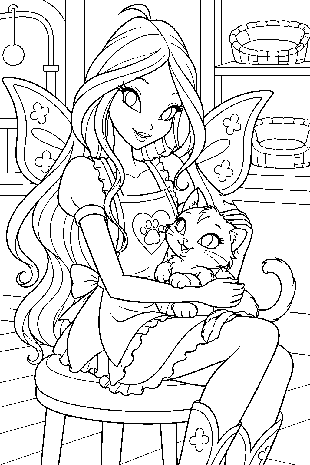 winx club flora cuddling coco the kitten at the love and pet shop line art