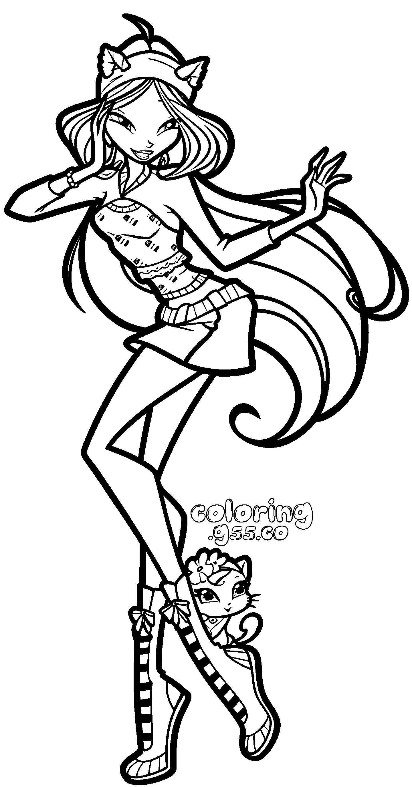 winx club flora cute animal hat and kitten line art for kids