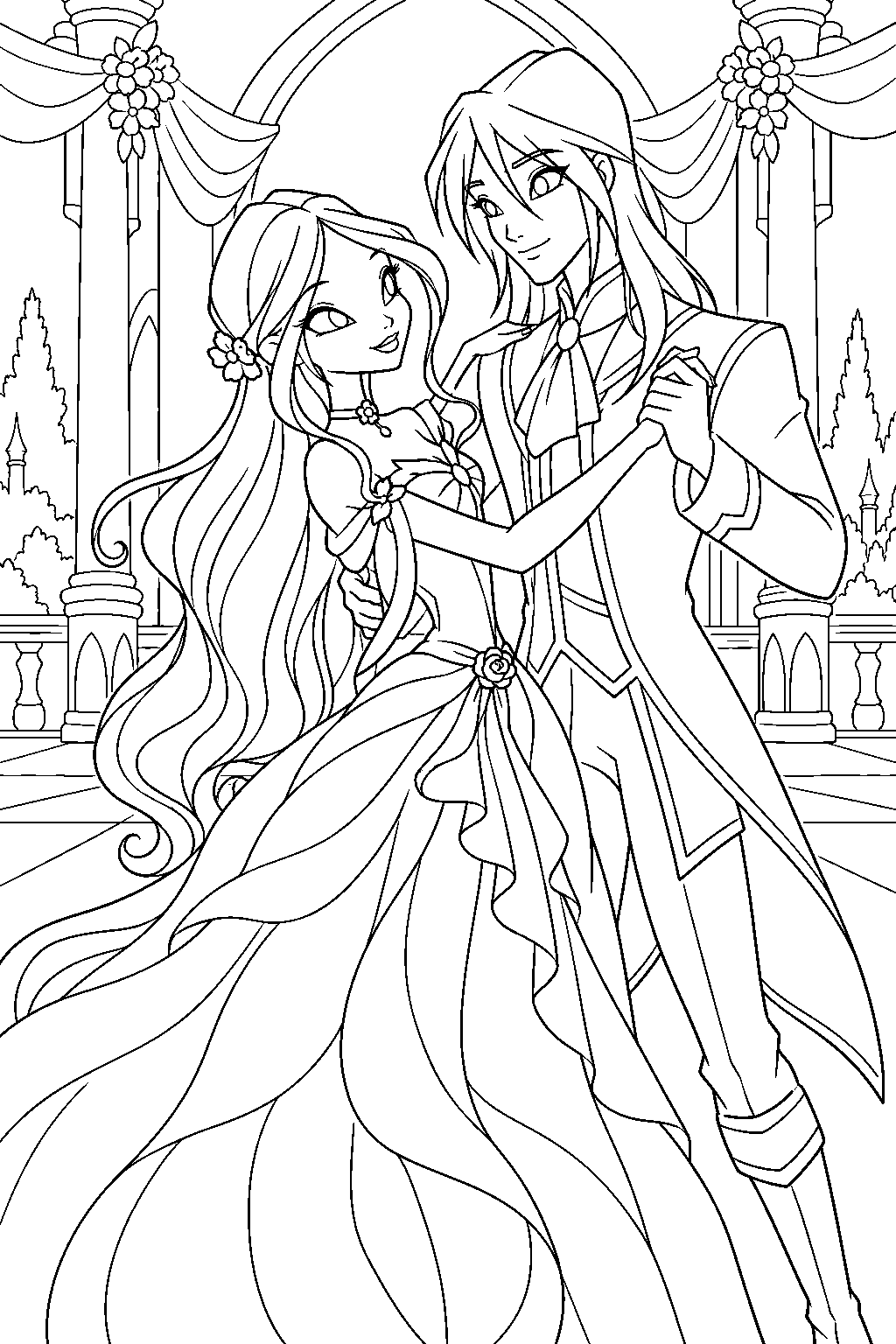 winx club flora dancing with helia at the royal celebration on domino line art