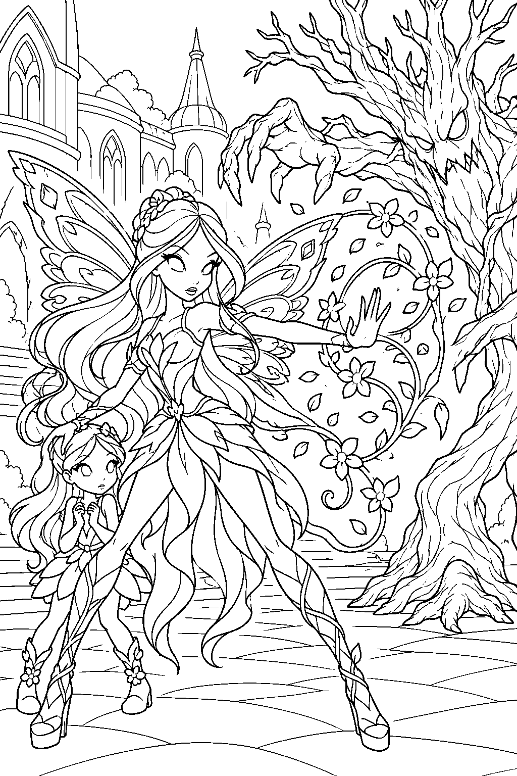 winx club flora defending miele from the treants at lynphea college line art
