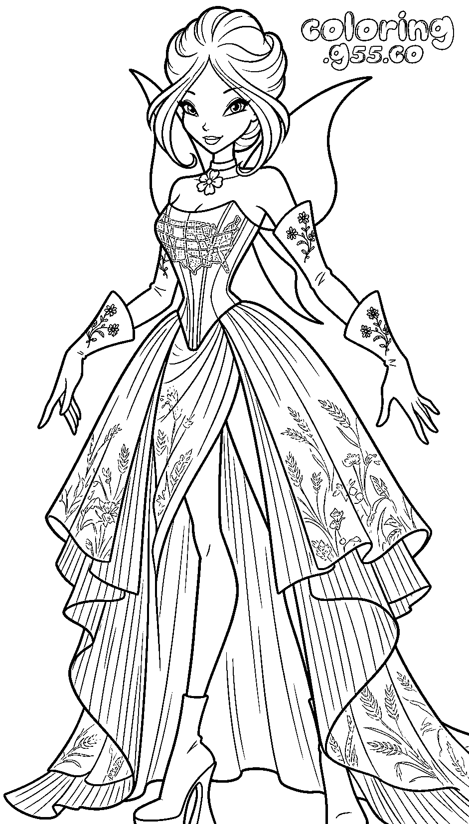 winx club flora elegant gown line art for kids