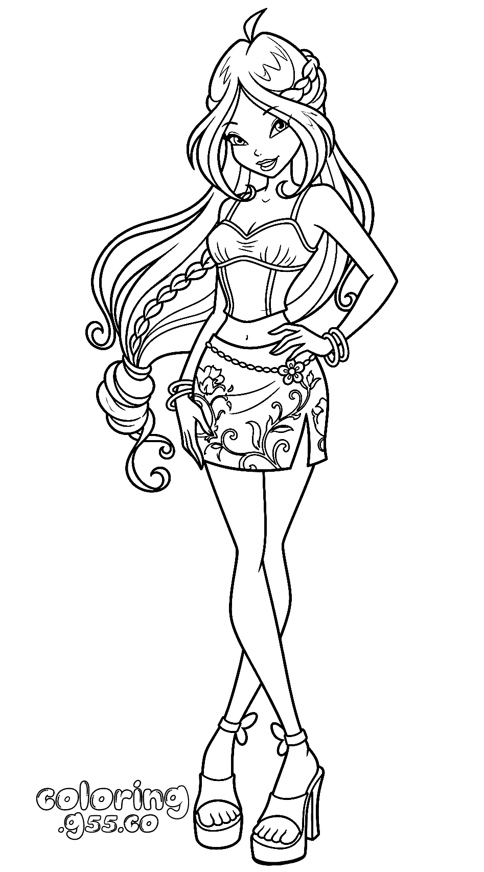 winx club flora floral skirt and braided hair line art for kids