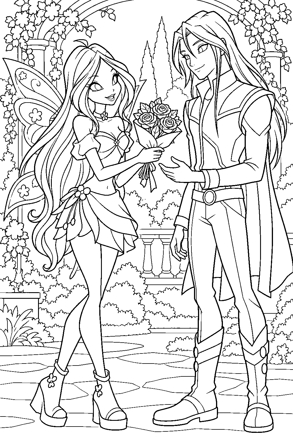 winx club flora giving helia a bouquet of roses line art