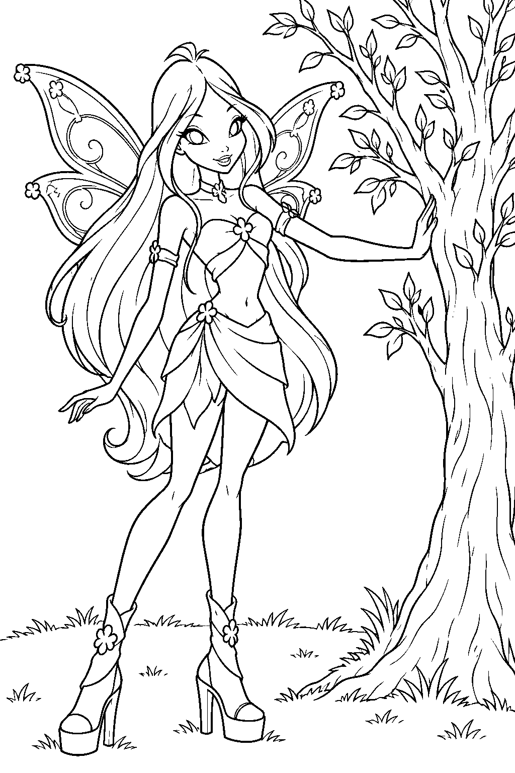 winx club flora healing a wilted tree with nature magic line art