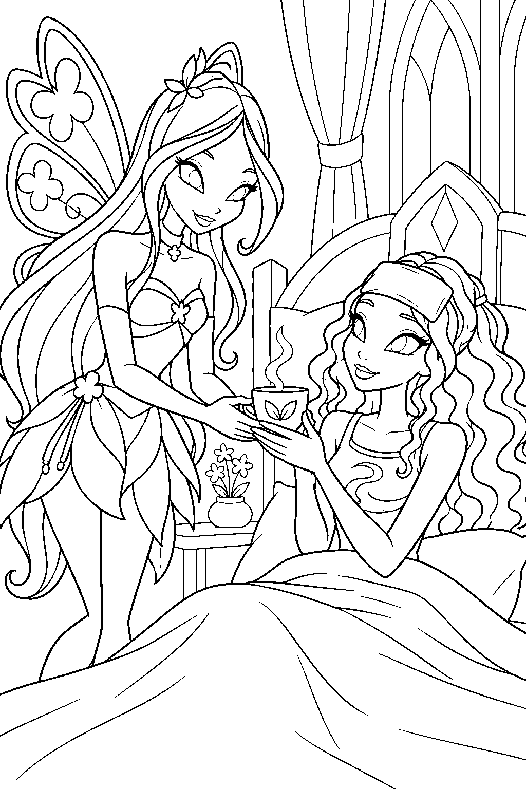 winx club flora helping aisha recover with a cup of herbal tea line art