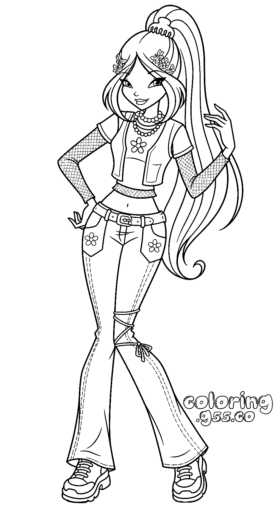 winx club flora high ponytail denim style line art for kids