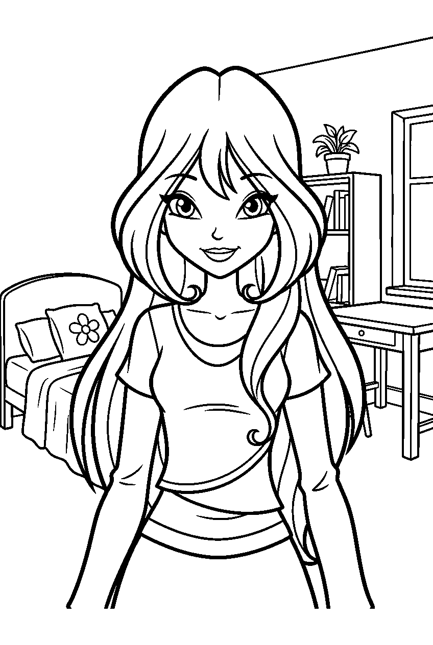 winx club flora in alfea dormitory line art