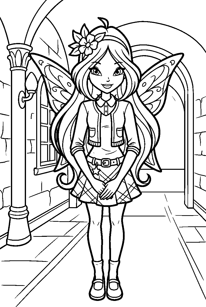 winx club flora in alfea hallway line art