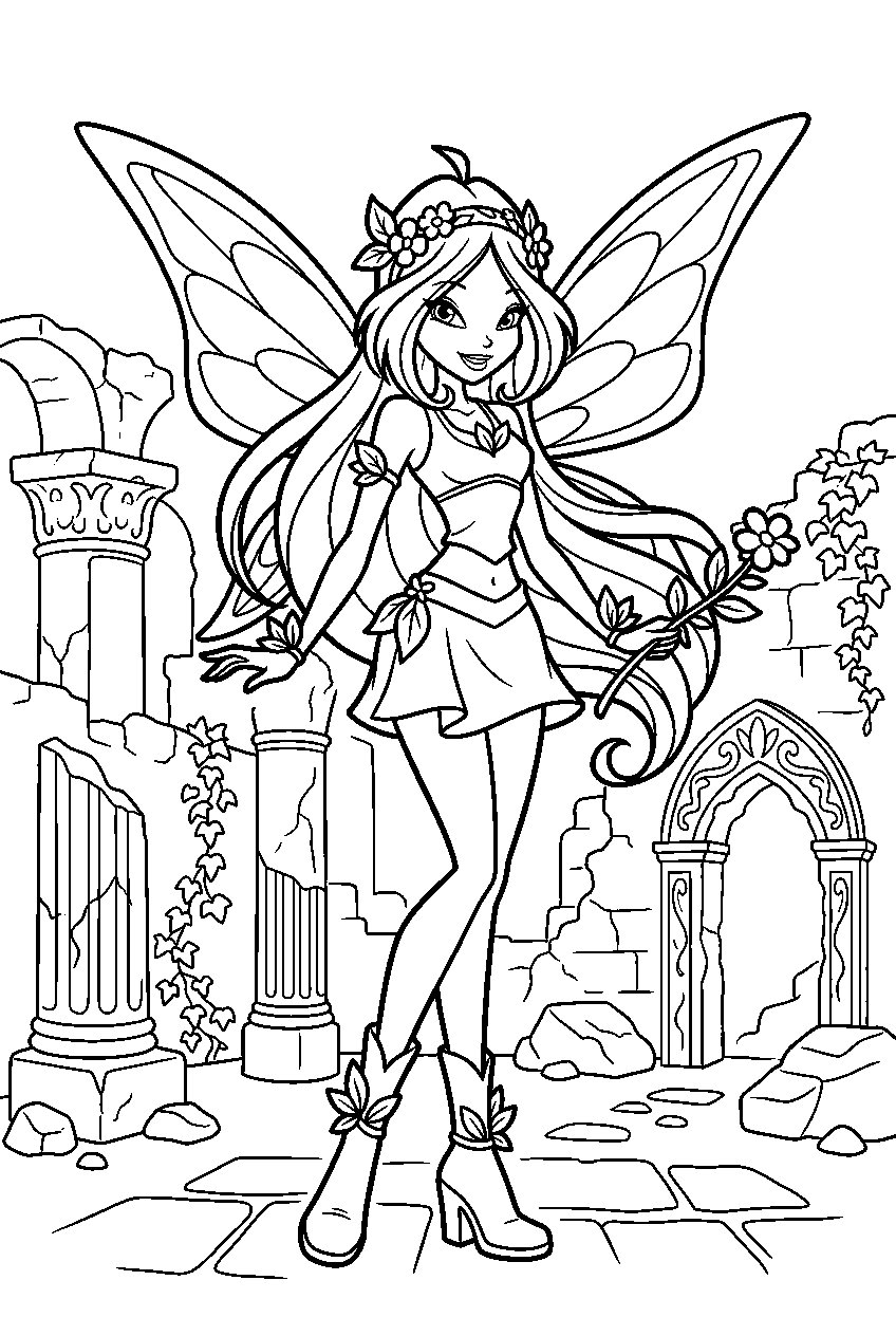 winx club flora in ancient ruins line art