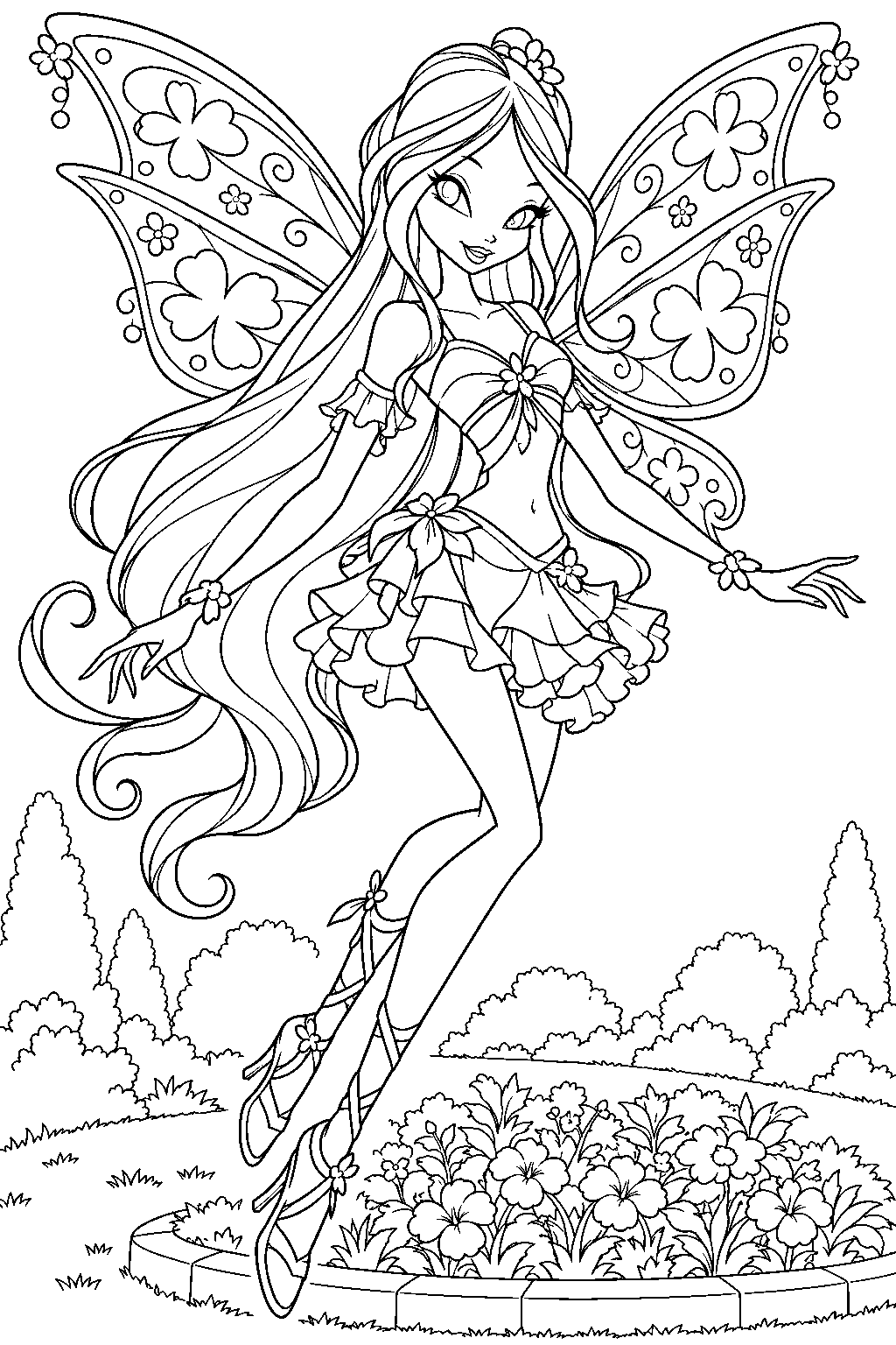 winx club flora in believix flying above a park in gardenia line art