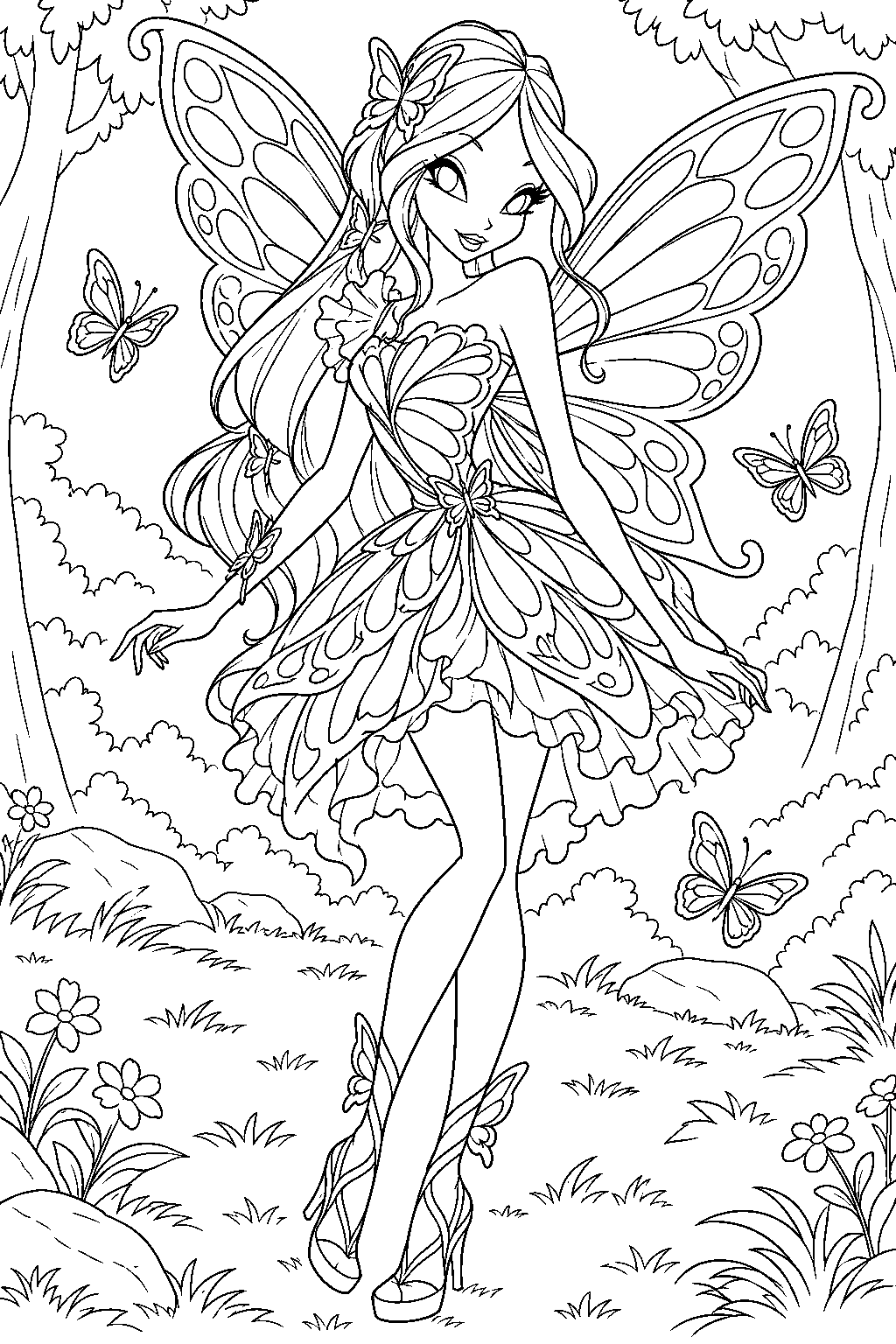 winx club flora in butterflix surrounded by butterflies in a woodland clearing line art