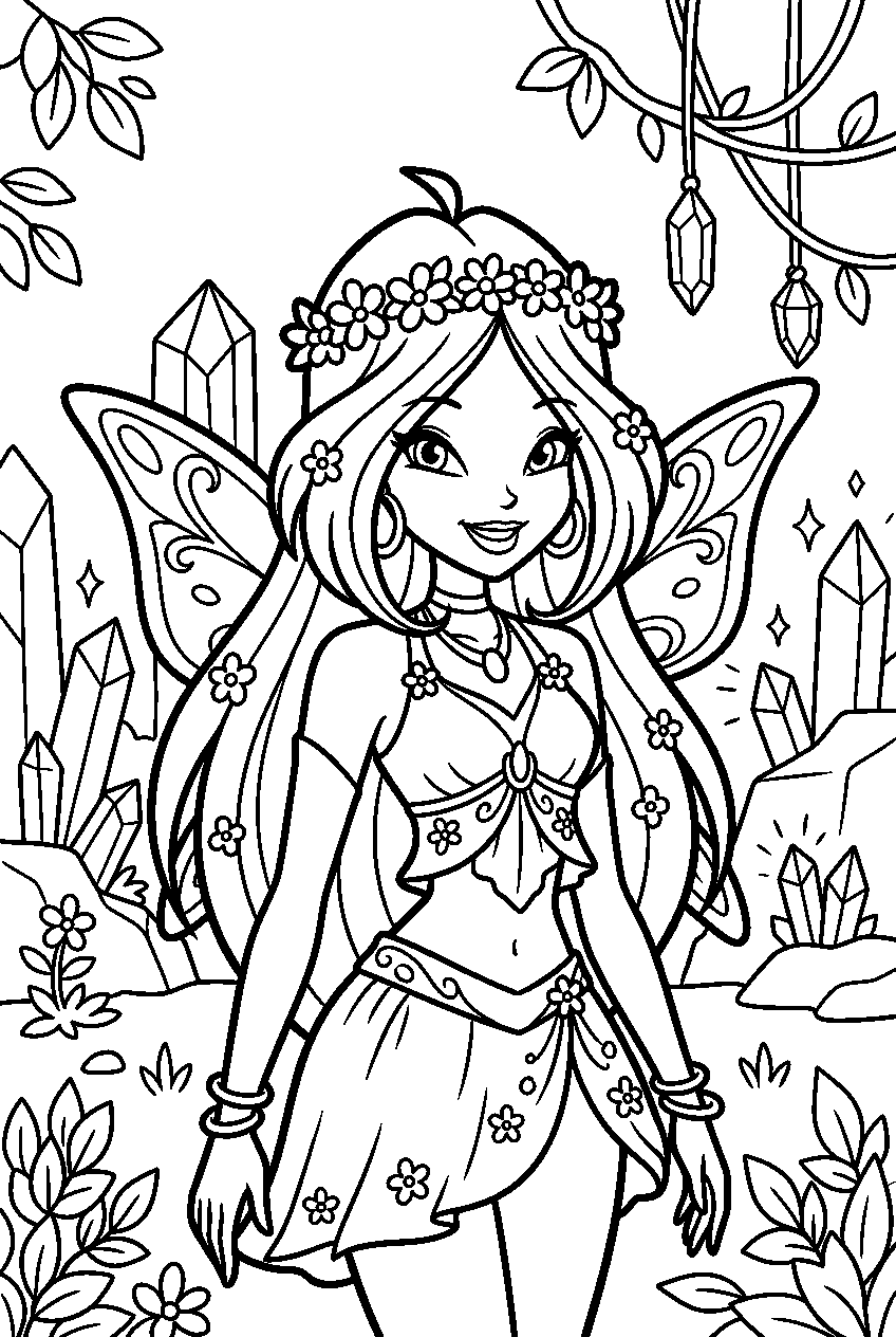 winx club flora in crystal garden line art