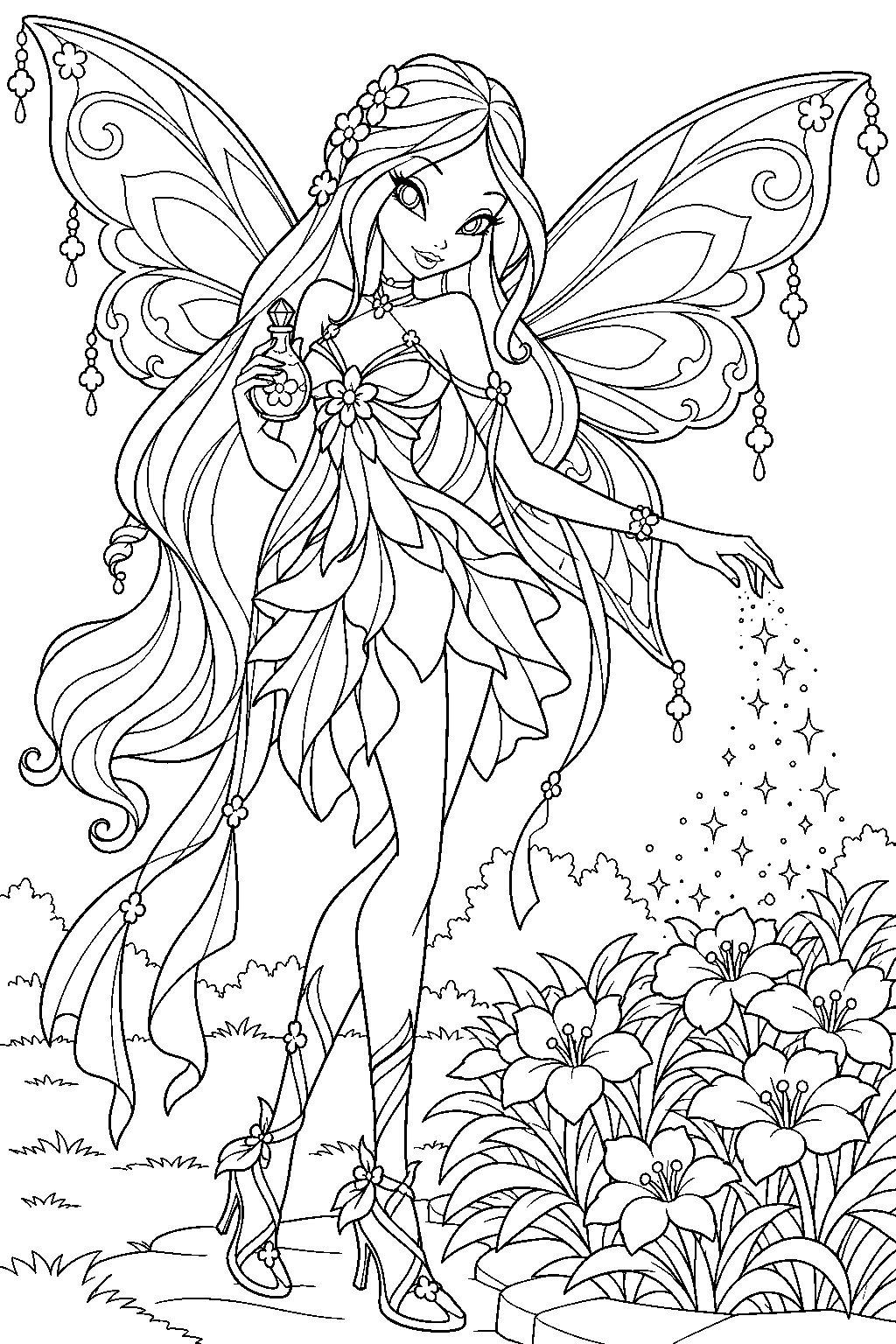winx club flora in enchantix releasing fairy dust over a flower bed line art
