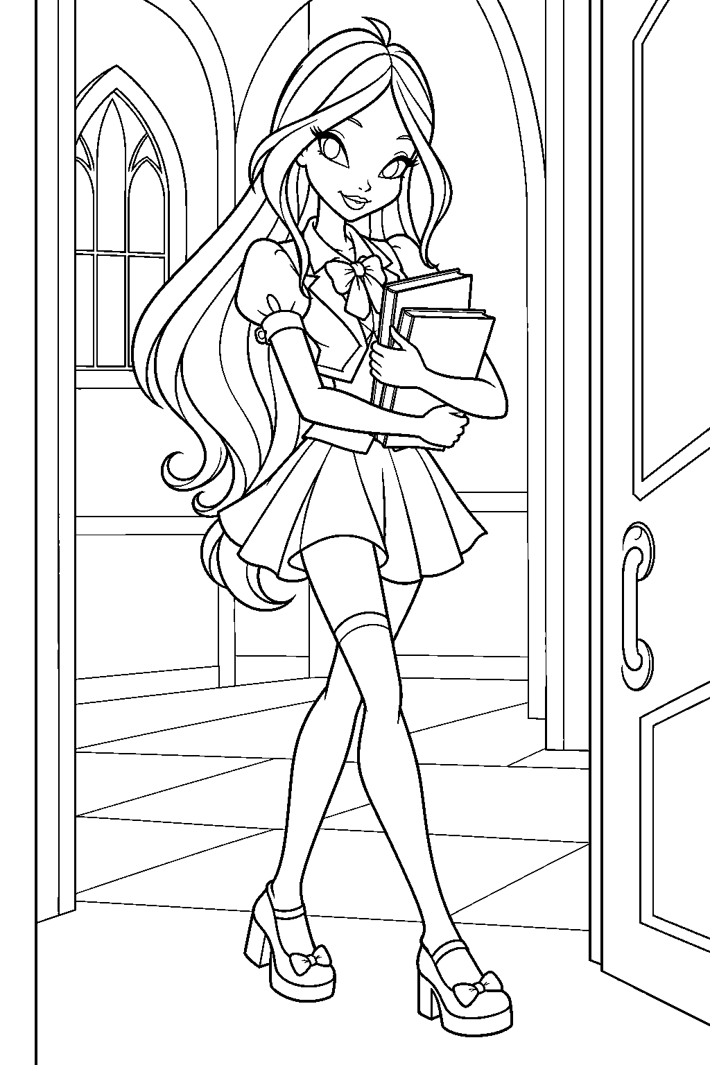 winx club flora in her alfea school uniform carrying textbooks to class line art