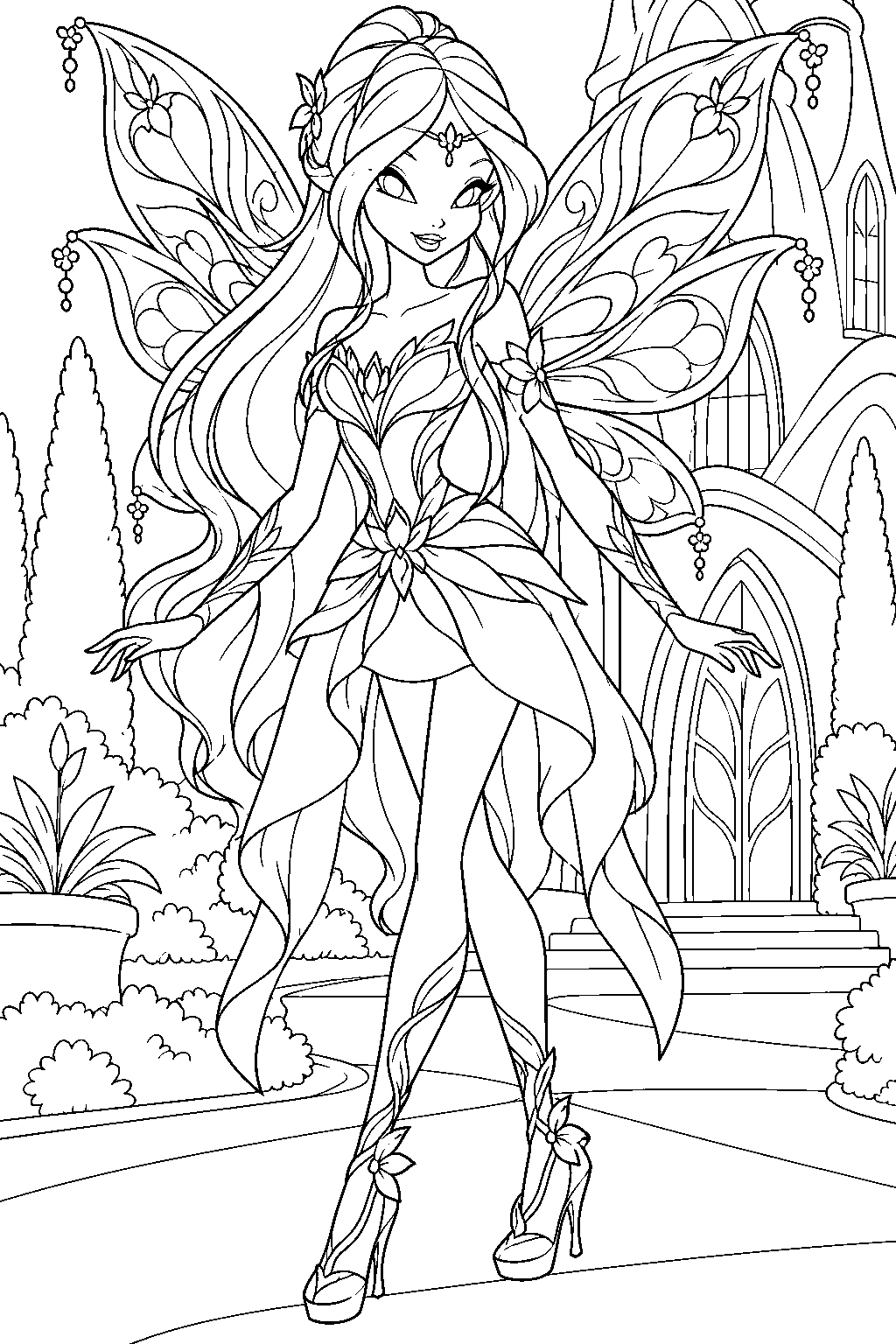 winx club flora in her bloomix fairy outfit outside lynphea college line art