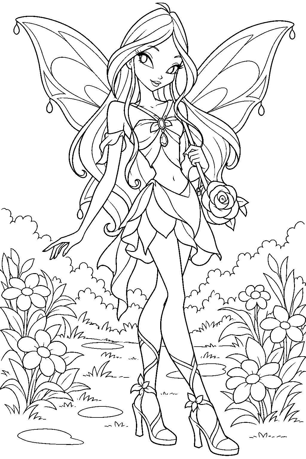 winx club flora in her charmix outfit with her jeweled brooch and rose shoulder bag line art