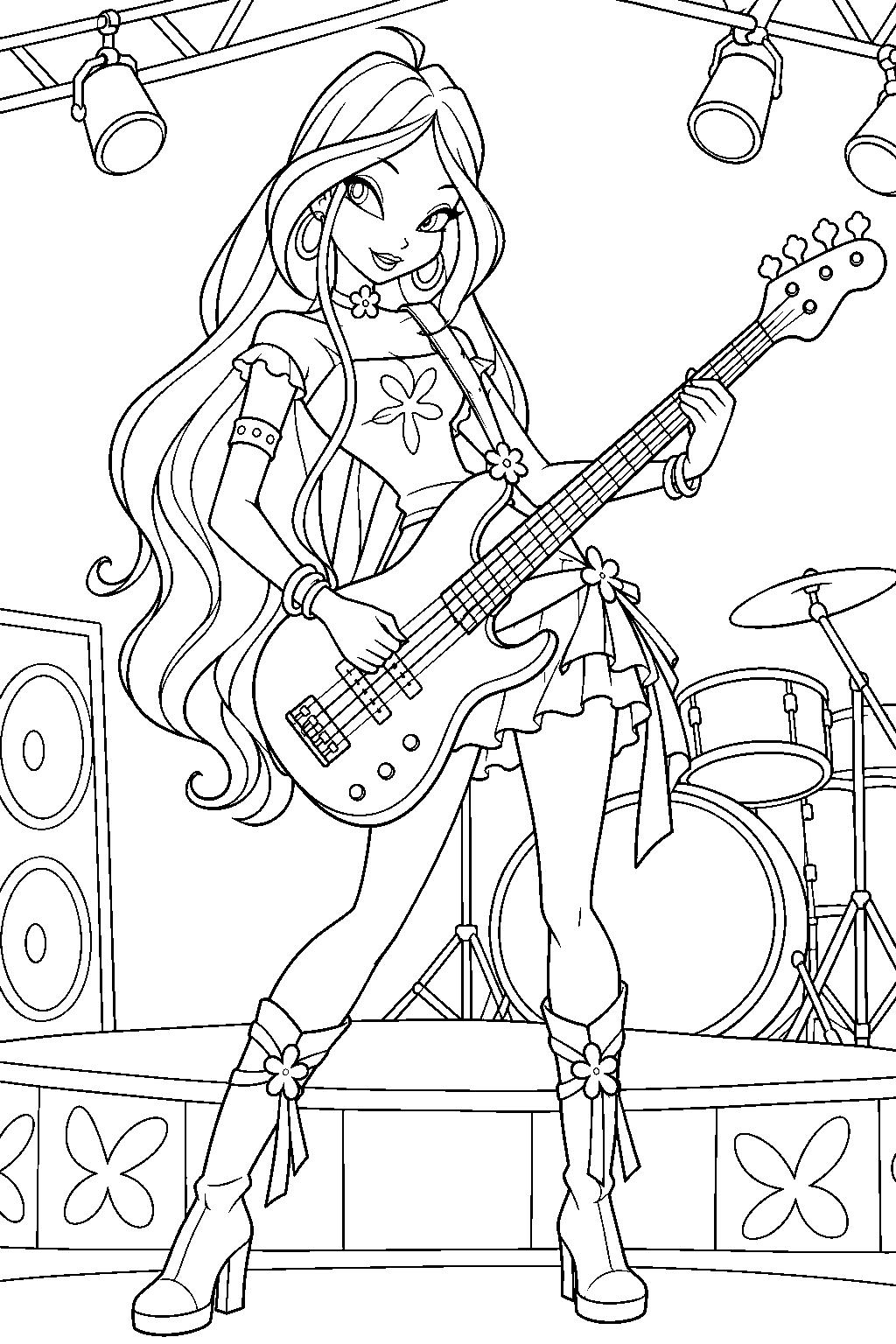winx club flora in her concert outfit playing guitar at frutti music bar line art